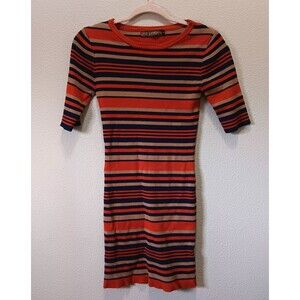 Qed London Ribbed Sweater Dress Size Medium Short Sleeves Bodycon Striped Orange